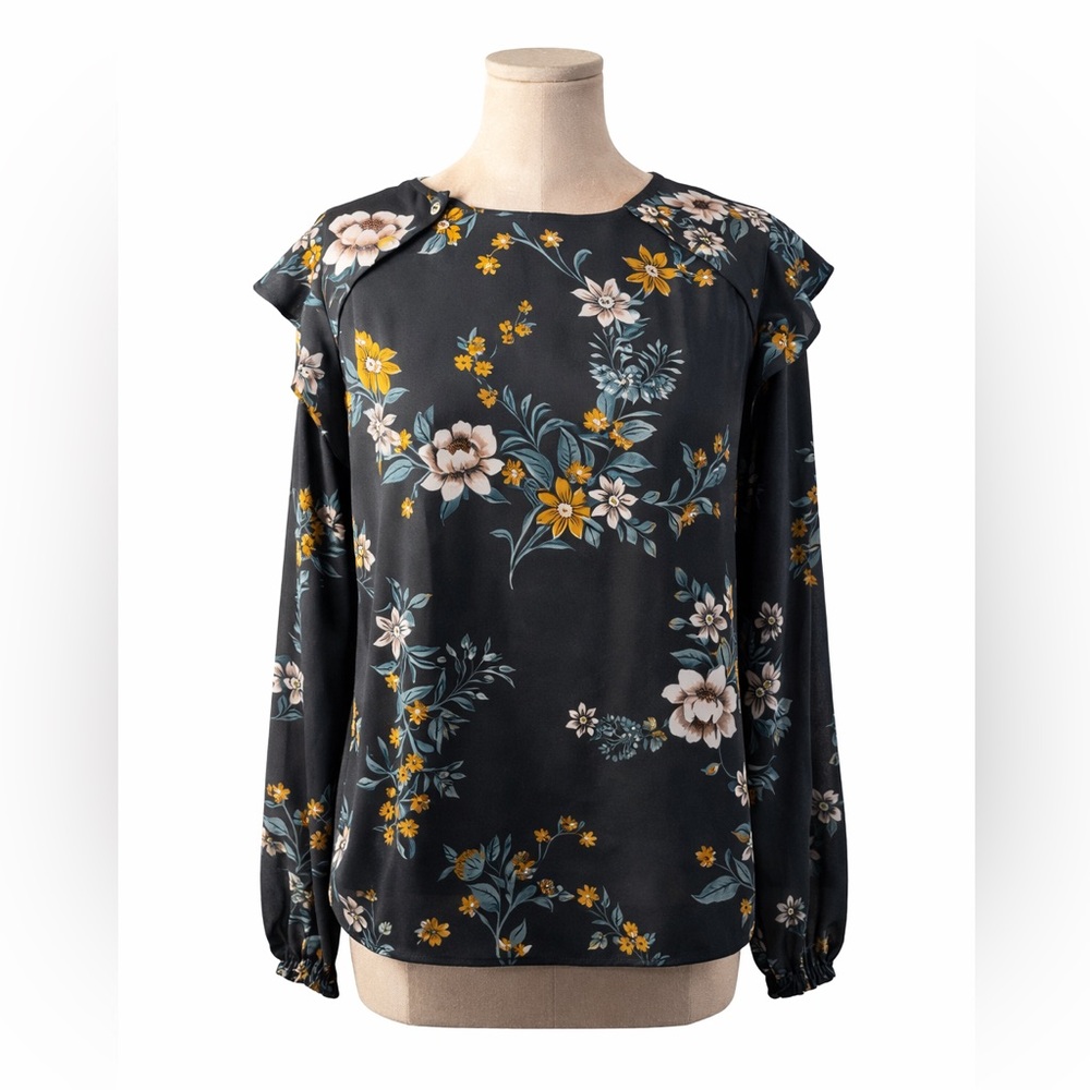 LOFT Floral Blouse Small Gray Gold Button Detail Feminine Chic Workwear Top